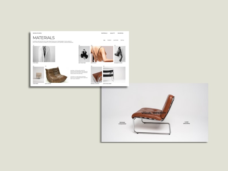 May include: A modern brown leather chair with a chrome frame. The chair is angled to the right against a white background. The text "VISUAL IDENTITY" is printed on the chair.