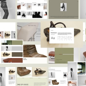 May include: A collage of design elements, including furniture, color palettes, and brand guidelines. The image features a variety of chairs, a color palette with green and brown tones, and text that reads "PRIMARY" and "COLOR PALETTE".