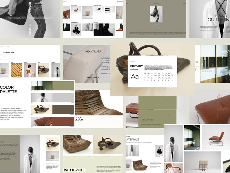 May include: A collage of design elements, including furniture, color palettes, and brand guidelines. The image features a variety of chairs, a color palette with green and brown tones, and text that reads "PRIMARY" and "COLOR PALETTE".