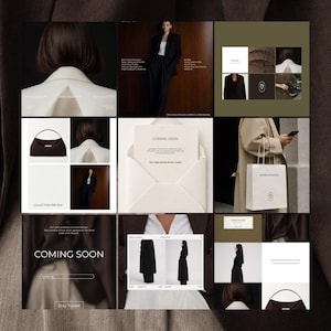Puede incluir: Un collage de imágenes con artículos de moda y elementos de marca. Incluye una mujer con traje negro, un bolso y una bolsa de compras. El texto "COMING SOON" aparece en una maqueta de sitio web y un sobre.