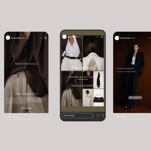 May include: Three smartphone screens showcasing fashion. The first displays a brown blazer and gray pants, with "NEW ARRIVALS" text. The second shows a white shirt, black belt, and other clothing items. The third screen features a woman in a black suit with "THE NEW BEGINNINGS" text.