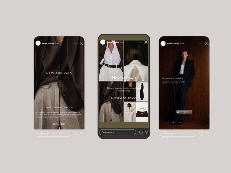 May include: Three smartphone screens showcasing fashion. The first displays a brown blazer and gray pants, with "NEW ARRIVALS" text. The second shows a white shirt, black belt, and other clothing items. The third screen features a woman in a black suit with "THE NEW BEGINNINGS" text.