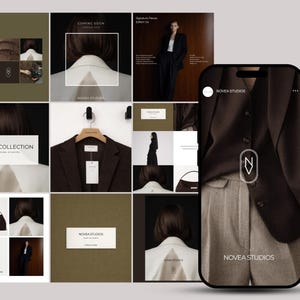May include: A grid layout featuring fashion images and text. The images showcase a dark brown blazer, a white collared shirt, and a handbag. Text includes "COMING SOON" and "NEW COLLECTION" with the brand name "NOVEA STUDIOS".