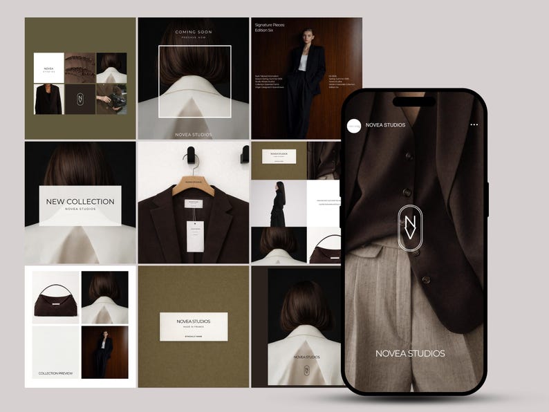 May include: A grid layout featuring fashion images and text. The images showcase a dark brown blazer, a white collared shirt, and a handbag. Text includes "COMING SOON" and "NEW COLLECTION" with the brand name "NOVEA STUDIOS".