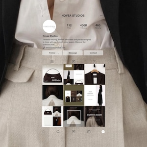 May include: Instagram profile of Novea Studios, showcasing modern tailoring and silhouettes. The profile features a grid of images with the word "ARRIVAL" on a handbag, and "COMING SOON" on a promotional image. The profile has 112 posts, 400K followers, and 460 following.