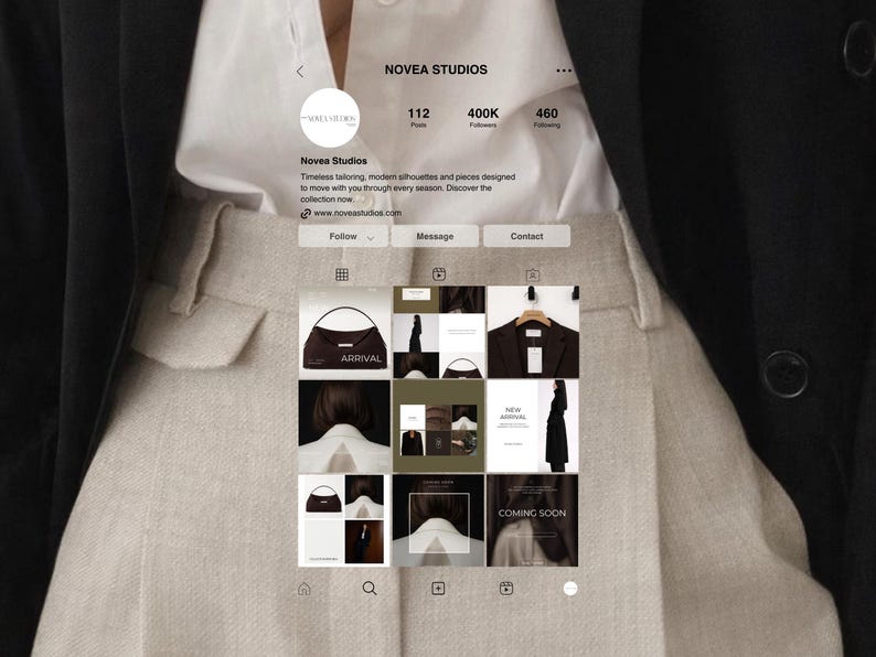 May include: Instagram profile of Novea Studios, showcasing modern tailoring and silhouettes. The profile features a grid of images with the word "ARRIVAL" on a handbag, and "COMING SOON" on a promotional image. The profile has 112 posts, 400K followers, and 460 following.