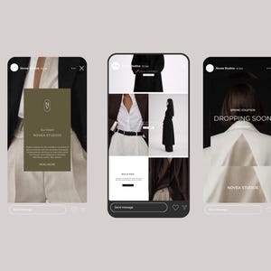 May include: Three smartphone screens displaying fashion content. The first screen shows a close-up of a blazer and shirt. The second screen features a white shirt, black coat, and belt. The third screen displays a white blazer with the text "DROPPING SOON".
