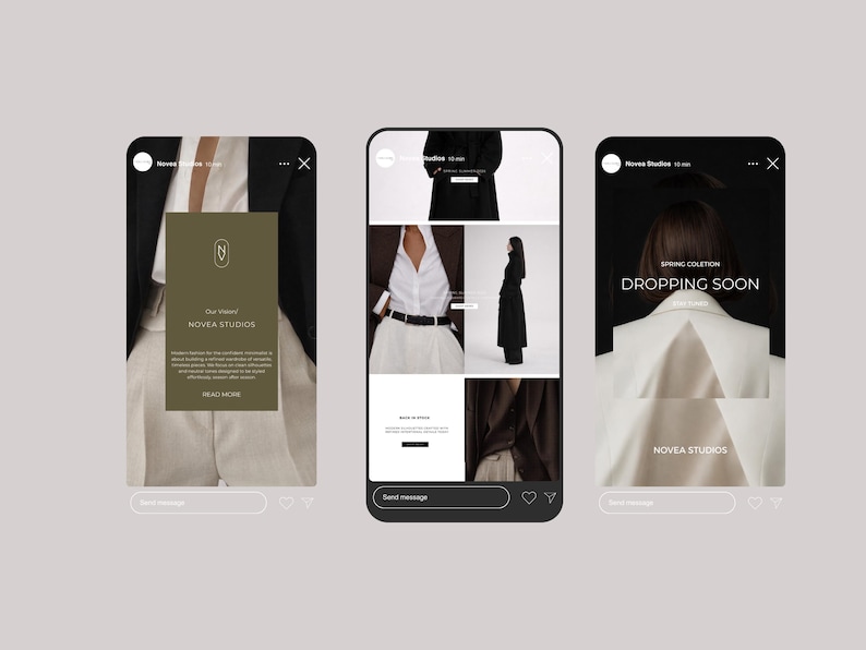 May include: Three smartphone screens displaying fashion content. The first screen shows a close-up of a blazer and shirt. The second screen features a white shirt, black coat, and belt. The third screen displays a white blazer with the text "DROPPING SOON".