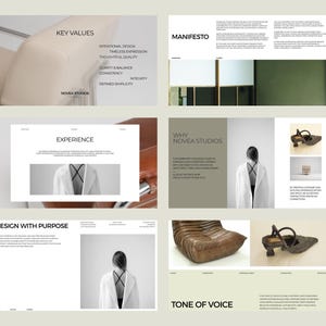 May include: A collection of design and branding materials, including a brochure with the text "KEY VALUES" and "MANIFESTO". The brochure features images of furniture and a person in a white coat. The brand name "NOVEA STUDIOS" is visible.