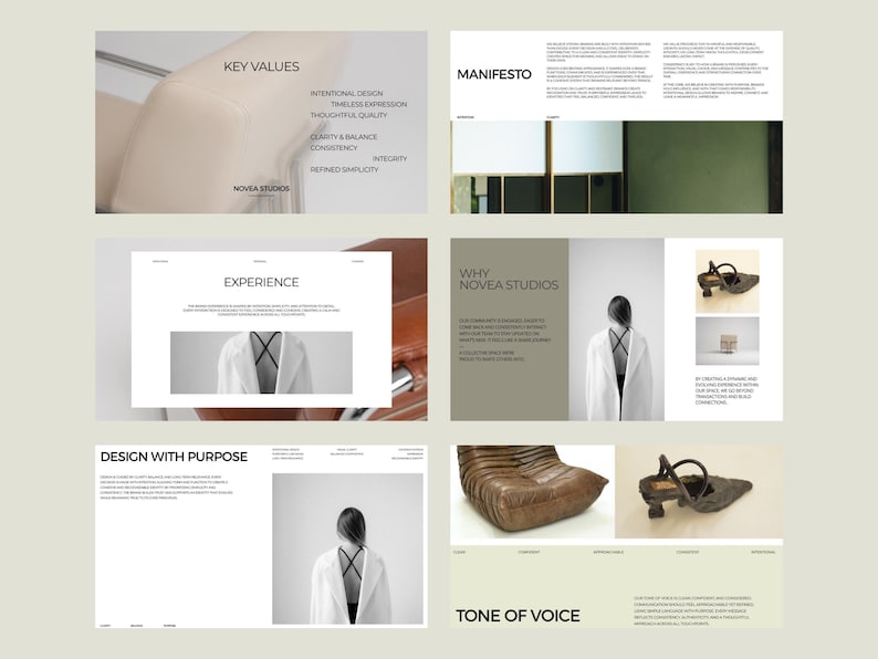 May include: A collection of design and branding materials, including a brochure with the text "KEY VALUES" and "MANIFESTO". The brochure features images of furniture and a person in a white coat. The brand name "NOVEA STUDIOS" is visible.