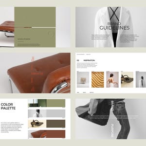 Könnte beinhalten: Eine Sammlung von Designelementen, darunter ein brauner Lederhocker mit Chromgestell, ein weißer Mantel mit dem Text „BRAND GUIDELINES“ und eine Farbpalette. Das Bild zeigt auch den Text „MONDA STUDIOS“ und „Edition 03“.