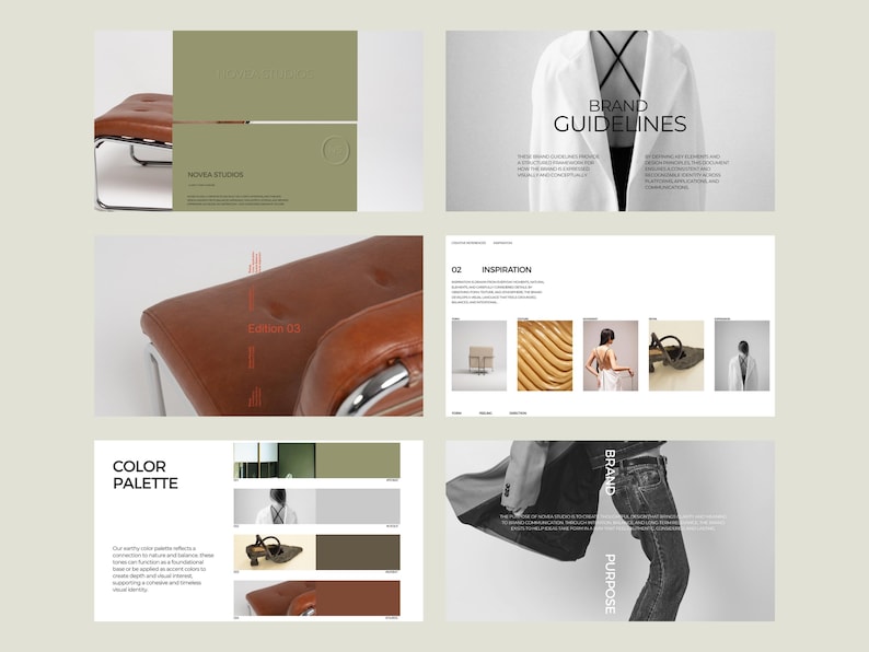 May include: A collection of design elements, including a brown leather ottoman with a chrome frame, a white coat with the text "BRAND GUIDELINES", and a color palette. The image also features the text "MONDA STUDIOS" and "Edition 03".