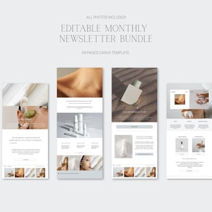Könnte beinhalten: Ein digitales Template für ein monatliches Newsletter-Bundle. Das Design ist minimalistisch mit neutralen Farbtönen. Das Template enthält verschiedene Layouts mit Produktbildern und Text, ideal für Beauty- und Hautpflegemarken. Der Text lautet 'Editable Monthly Newsletter Bundle'.