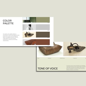 May include: A presentation with the words "COLOR PALETTE" and "TONE OF VOICE". The color palette includes shades of green, gray, brown, and red. The image also shows a shoe and a leather chair.