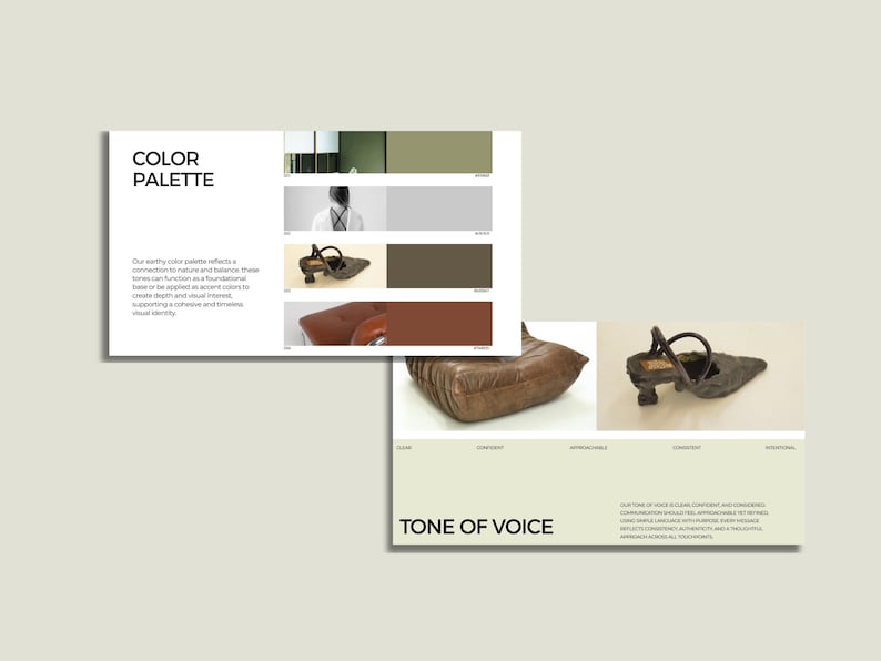 May include: A presentation with the words "COLOR PALETTE" and "TONE OF VOICE". The color palette includes shades of green, gray, brown, and red. The image also shows a shoe and a leather chair.