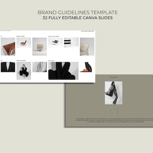 May include: A digital presentation template with the text "BRAND GUIDELINES TEMPLATE" and "32 FULLY EDITABLE CANVA SLIDES." The template includes a series of product images, including chairs and clothing, and a layout for brand guidelines.