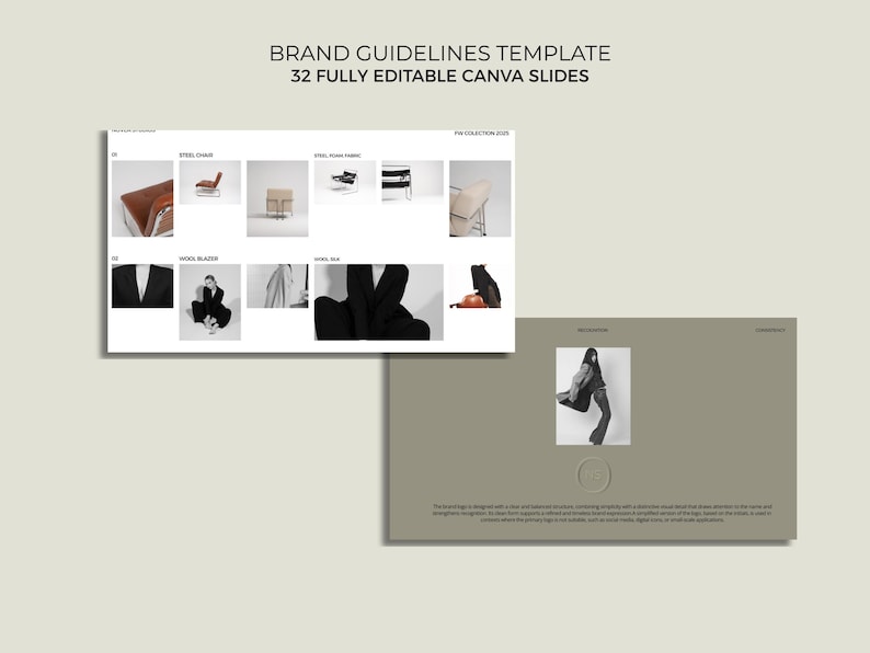 May include: A digital presentation template with the text "BRAND GUIDELINES TEMPLATE" and "32 FULLY EDITABLE CANVA SLIDES." The template includes a series of product images, including chairs and clothing, and a layout for brand guidelines.