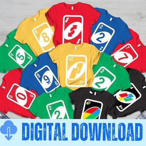May include: A collection of colorful t-shirts featuring various Uno card designs. The shirts are in red, yellow, green, blue, and black, each displaying a different card graphic. The text "DIGITAL DOWNLOAD" is at the bottom.