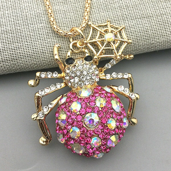 3D Gold & Pink Crystal Full Body Large Spider Key Chain / Purse Charm, Necklace, Needle Minder