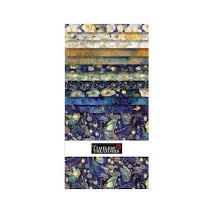 Pode incluir: Um conjunto de tiras de tecido com motivos florais, celestiais e de fadas em tons de azul, dourado e creme. A pilha inclui uma faixa de papel branco com o texto preto Timeless Treasures impresso no centro do conjunto de tecidos.