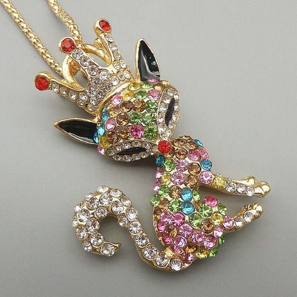 Pink/Multi-Color Crystal Crowned Fox Cat Kitty Key Chain / Purse Charm, Necklace, Needle Minder (Neodymium Magnet)