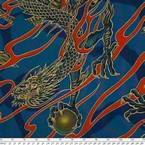 Alexander Henry Golden Tatsu Spritual Lucky Mystical Dragon Fabrics Metallic BLUE Fabric 44&quot; Strength and Fortune