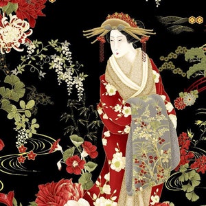 Tesori senza tempo: Kyoto Garden Japanese Metallic Geishas Tessuto di alta qualità tagliato su misura