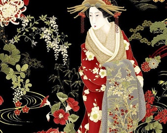Timeless Treasures: Kyoto Garden Japanese Metallic Geishas Premium Fabric by the Yard
