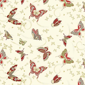 Tesori senza tempo: farfalle giapponesi metallizzate del giardino di Kyoto su tessuto color crema tagliato su misura