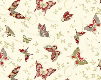 Timeless Treasures: Metallic Kyoto Garden Japanese Butterflies on Cream Fabric by the Yard