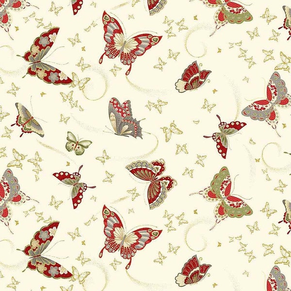 Timeless Treasures: Metallic Kyoto Garden Japanese Butterflies on Cream Fabric by the Yard