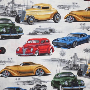 Alexander Henry Chopped and Channeled Classic Sports Cars Ratrod Vintage White Premium Quilting Cotton 44&quot; by the Yard - Last of PRINT