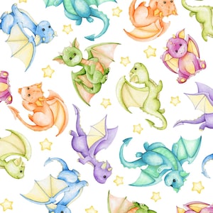 Könnte beinhalten: Ein sich wiederholendes Muster aus Aquarellillustrationen mit kleinen, bunten Drachen in Blau-, Grün-, Orange- und Violetttönen, durchsetzt mit kleinen gelben Sternen auf einem schlichten weißen Hintergrund.
