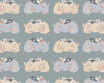 Elefantes sobre tela de algodón gris para guardería, bebés y niños, talla única.