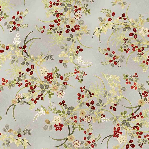 Timeless Treasures: Metallic Kyoto Garden Japanese Beautiful Silver Floral Vines Fabric by the Yard