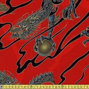 Alexander Henry Golden Tatsu Mythical Sprirtual lucky Dragons Fabrics Metallic RED Asian Fantasy Art by the Yard