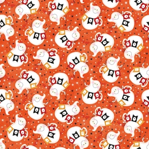Hello Glow "GLOWS in the DARK" Boo Ghosts on Orange 100% Cotton 44" fabric by the yard