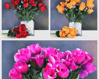 2 Bouquets SILK Rose Bouquets Artificial Flowers Home Decor Colors Hot Pink, Orange, Red with Black