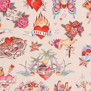 Alexander Henry Tattoo Love Rose Tiger Pink Quilting Cotton 44&quot; by the Yard