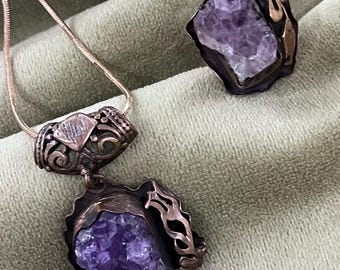 Conjunto de joyas de amatista en bruto hechas a mano – Acabado en cobre antiguo