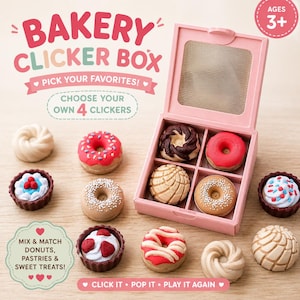 May include: A Bakery Clicker Box toy set featuring a pink plastic box with a clear window and four compartments. Included are various miniature toy pastries, including donuts, conchas, and tarts with red, white, brown, and tan colors.