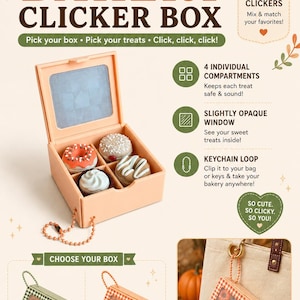 May include: A peach-colored square bakery clicker box with a hinged lid featuring a slightly opaque window. The box contains four individual compartments holding miniature donut-shaped clickers. It includes a keychain loop for attachment.
