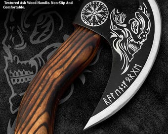 Hand-Forged Viking Skull Pizza Cutter Axe: Carbon Steel Blade & Leather Sheath