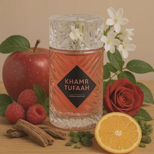 May include: A perfume bottle with the text "KHAMR TUFAAH" on a black label. The bottle is surrounded by a red apple, raspberries, a red rose, an orange slice, white flowers, cinnamon sticks, and green herbs. The bottle has a clear, textured cap.