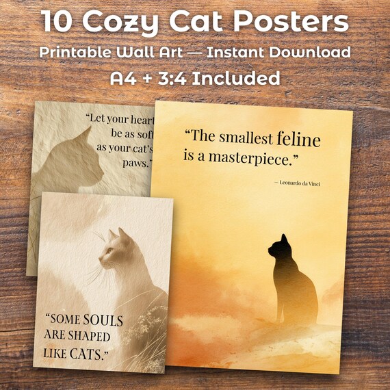 Cozy Cat Quote Posters – Golden Cottagecore Wall Art (Digital Download) by CatmosPrints