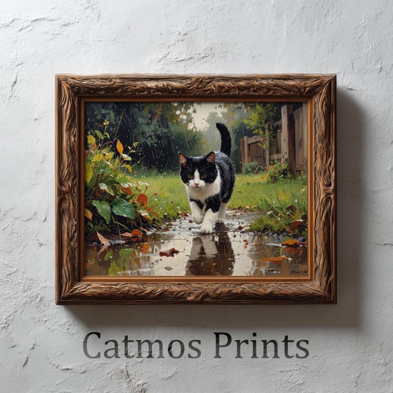 Black and White Cat in Rainy Garden Oil Painting (Digital Download) by CatmosPrints