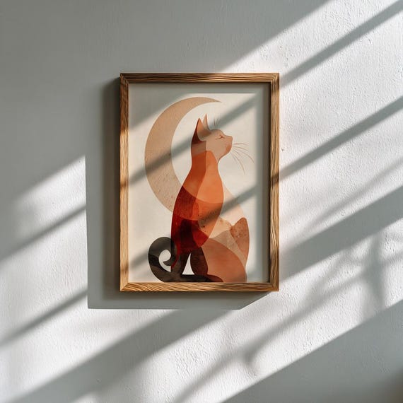 Moon Cat Print: Boho Minimalist Line Art, Beige & Clay Portrait (Digital Download) by CatmosPrints