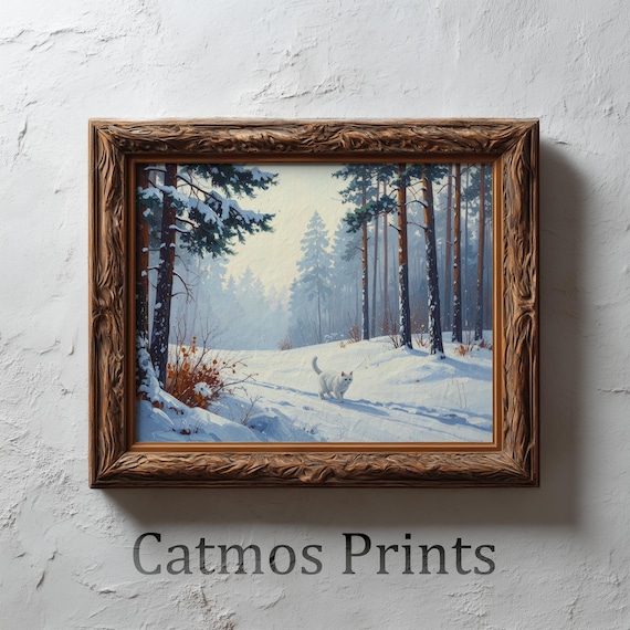 White Cat Snowy Forest Print – Scandinavian Winter Landscape (Digital Download) by CatmosPrints