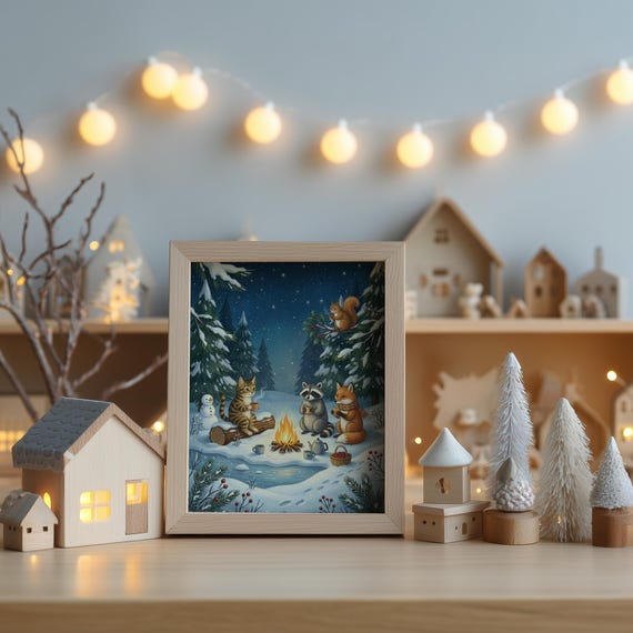 Forest Gathering II – Fireside Winter Gathering | Cozy Woodland Animal Art Print by CatmosPrints