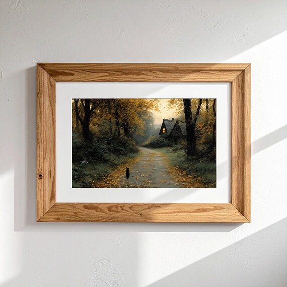 Fallen Leaves Cat Art Print Set: Vintage Autumn Cottage (Digital Download) by CatmosPrints